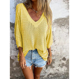 Special For The New T-Shirt Women's Hollow Long-Sleeved Knitted Shirt Languid Style Design V Collar Sunscreen Sexy Wind
