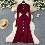 French Small Fragrant High-Grade Metal Buckle Waist Dress Women 2025 Autumn Thin Temperament Hollow Knitted Long Dress