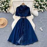 Korean Version Of Fashion Casual Denim Dress Women Retro Collar Short Sleeve Single Buckle Waist Swing Shirt Long Skirt