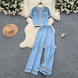 Small Fragrant Breeze Sleeze Sleeze Round-Neck Collar Knitted Top Women High-Waisted Leisure Broad-Legged Pants Summer Suit