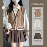 Early Autumn College Style Retro Vest Three-Piece Suit Female High-Waisted Half-Dress Long-Sleeved Shirt Top