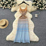Hanging Knitted Dress Woman 2025 Summer Korean Chic Retro Gradient Wavy Dress
