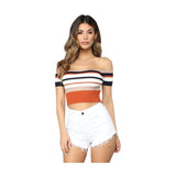 Spring And Summer Explosion Of Women's Stripes Lace Bare Back Shoulder Leakage Collarbone Short T-Shirt Women's Top