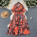 2025 Summer Dress New Niche Light Familiar Wind V To Receive Waist Thin Temperament French Pressure Folding Printing Chiffon Dress