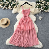 French Tea Break Retro Sling Dress Women's Holiday Wind To Show Thin Folds Design Long Skirt