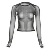 Spring 2025 New Women's Fashion Hottie Sexy Round-Neck Printing Mesh Perspective To Repair Short T-Shirt Top