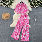 Salt-Lineed Light Style Suit Women's Fashion With Loose Short Print Shirt + High Waist Display Thin Leg Slacks