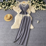 Design Sense Of The Color Short Sleeve Knitted Cardigan Top + High Waist Long Skirt Summer Wearing Two Sets