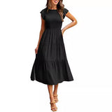 2025 Summer Hot Women's Clothing New To Take Flying Sleeves Pure Color Folding Short-Sleeved Dress Women