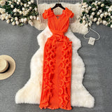 Banquet High-End High-End Light Luxury Small Frills Fold Three-Dimensional Lotus Leaf Side Of The Long Temperament Dress Woman