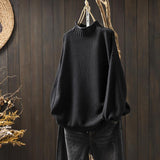 Red Literary And Art Retro Semi-High-Collar Sweater Women Loose Large Plate Type 2025 Autumn And Winter Casual Knitted Bottom Shirt