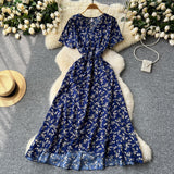 Design-Sense Piece Of V-Neck Tie With Short Sleeves Of Broken Flower Dress Women's Summer Thin Temperament French Dress