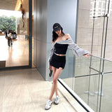 Women's Clothing 2025 Summer New Fashion Stripe Bumped A Word Shoulder-To-Shoulder Repair Slim Thin Long-Sleeved Top Lady