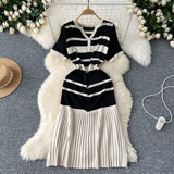 Korean Version Of Fashion V-Neck Short-Sleeved Striped Knitted Dress Women Thin Senior Sense 100-Folded Dress Women Summer