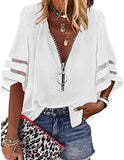 2025 New V-Neck Zipper Shirt Half-Horn Sleeve Grid Spliced Loose Casual Shirt For Women