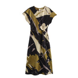 Women's Clothing 2025 Spring New Temperament Elegant Silk-Sting Texture Waist-Print Amply Dress