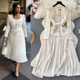 French Small Scented Dress Female Senior Feeling Heavy Industry Nail Bead Metal Collar Lace Splicing Hundred Folded Fairy Dress
