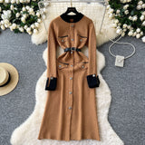 Autumn And Winter Small Fragrant Style Long-Sleeved Temperament Dress Elegant Metal Button Decoration Waist Open Fork Knitting Dress