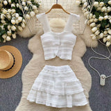 French Temperament Sweet Age Reduction Short Sling Vest High Waist Fluffy Cake Skirt 2025 New Summer Suit