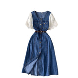 Short-Sleeved Dress Women's 2025 Summer Dress New Design Collar Bubble Sleeve Splicing Age-Sensitive Fashion Denim Long Dress