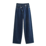 2025 Women's Autumn New Design Sense Fashion Asymmetrical Double Waist High-Waist Wide-Legged Jeans