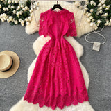 Vintage Elegant Heavy Industry Hollow Hook Water-Soluble Lace Dress Women's French Waist Thin Short Sleeve Dress