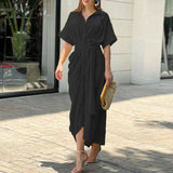2025INS Women's Printed Collar Short Sleeve High-Waisted Long Shirt Dress