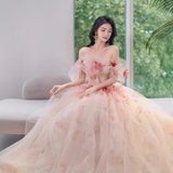 Three-Dimensional Flowers Shoulder Small Tail Dress Bridal Toast Banquet Fairy Fluffy Skirt Evening Dress Woman