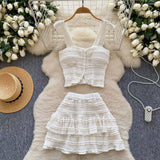 French Temperament Sweet Age Reduction Short Sling Vest High Waist Fluffy Cake Skirt 2025 New Summer Suit