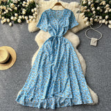 Design-Sense Piece Of V-Neck Tie With Short Sleeves Of Broken Flower Dress Women's Summer Thin Temperament French Dress