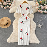 Summer Dress High-End Temperament Embroidered Rose Knitted Dress Women's Short Sleeve New Chinese Bag Long Skirt