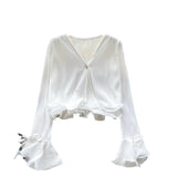 Long-Sleeved Shirt Women Spring And Autumn New Three-Dimensional Lotus Edge V Collar Folded Horns Short Top Lady