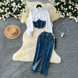 Korean Version Of The Goddess Fan Fashion Splicing Two Long-Sleeved Shirt Women Belt Belts Waist Cowboy Half Dress Two Sets