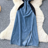 Vintage Elegant Denim Dress Woman 2025 Summer High-End Heavy Industry Diamond Embroidery Waist V-Neck Short-Sleeved Long Dress