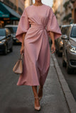 2025 Women's Fashion Temperament Elegant Solid Color Waist Dress Casual Bat Sleeve Dress