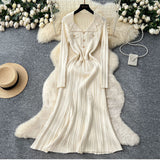 Small Fragrant Elegant Collar Long Sleeve Metal Buckle Waist Knitted Dress Autumn Thin Long Dress