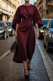 2025 Women's Fashion Temperament Elegant Solid Color Waist Dress Casual Bat Sleeve Dress