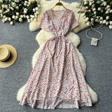 Design-Sense Piece Of V-Neck Tie With Short Sleeves Of Broken Flower Dress Women's Summer Thin Temperament French Dress