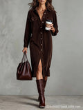 2025 Women's Elegant Workwear Style Pocket Button Velvet Shirt Dress Dress