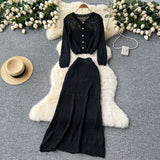 Korean Wearing A Female Gentle Windy Hooks Long-Sleeved Knitted Shirt + High-Rise Thin Half Skirt