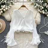Long-Sleeved Shirt Women Spring And Autumn New Three-Dimensional Lotus Edge V Collar Folded Horns Short Top Lady