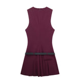 Women's Clothing 2025 Autumn And Winter New Waist Bandwidth V-Neck Sleeveless Checker Mini Dress