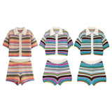Women's 2025 New Crochet POLO Shirt Collar Striped Crochet Shorts Set