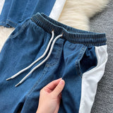 Chic Hong Kong-Flavored Suit Female Design Sense Short-Sleeved T-Shirt Spliced Denim Jacket + High-Waisted Casual Straight Pants Two-Sleeve