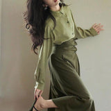 Autumn 2025 New Elegant Senior Shirt Skirt Tide French Green Asymmetric Collar Retro Suit Woman