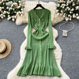 Small Scented Dress Women's Autumn And Winter Set High-End Feeling V-Neck Metal Buckle Slimming Lotus Leaf Side Knitting Skirt