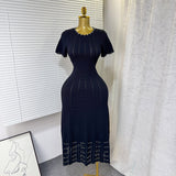 Summer New Elegant Round Neck Nails Hollow Slimming Temperament Short-Sleeved Knitted Dress Woman
