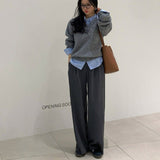 Korean Wearing A Fake Two Sweaters Women's Autumn And Winter Design Shirt Folded Gray Knitted Shirt