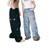 Cartoon Puppy Embroidered Fashion Casual Jeans Men's Fashion Spring Couple Straight Trousers Loose Niche Casual Trousers