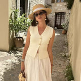 Women's Clothing 2025 Summer Solid Color Repair Gold Button Knitted Vest Top